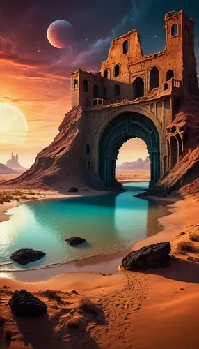 fantasy landscape,desert landscape,tatooine,futuristic landscape,desert desert landscape,barsoom,fantasy picture,khandaq,desert,desert background,atlantis,arabic background,libyan desert,ancient city,lunar landscape,desert planet,arrakis,moon valley,the desert,semidesert,Illustration,Realistic Fantasy,Realistic Fantasy 40