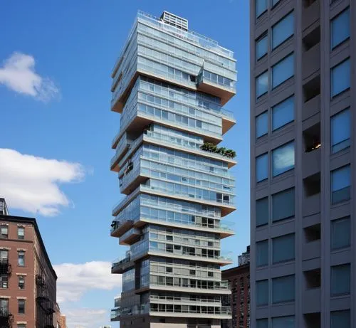 “Create an image of a strikingly modern residential skyscraper inspired by 56 Leonard Street in New York City. The building has a stacked, irregular design where each floor seems to be offset, giving 