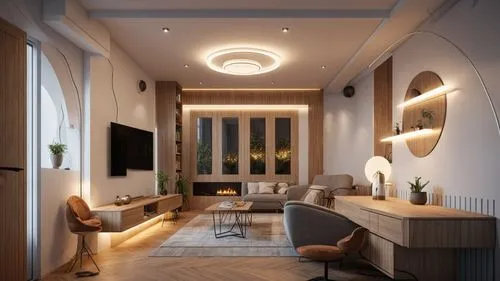 A modern living room space, inspired by Ukrainian design style, with a floor height of 5 meters, considering the relationship between space and people and the environment, and the lighting effect duri