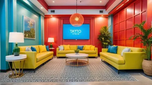 The tattoo studio is a vibrant and modern design, with a sleek rotary spout and intricate details. The walls are painted a blend of reds, yellows, and blues, with vibrant greens and greens. A minimali