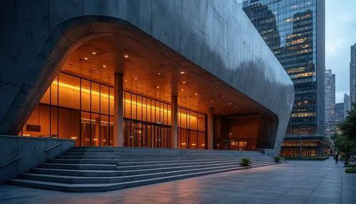 Granite wall, urban performing arts center, modern architecture, sleek lines, angular shapes, polished surface, luxurious feel, stage lights reflecting off granite, dramatic shadows, cityscape backgro