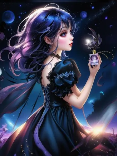 Gothic cosmic twilight anime enchantress girl holding a perfume bottle hd graphics hd detail hd quality hd 3d,constellation lyre,fairy galaxy,queen of the night,zodiac sign libra,harmonia macrocosmica