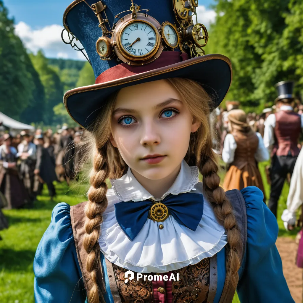 masterpiece, !aliceinwonderland !steampunk 14yo,alice in wonderland,steampunk,alice,victorian lady,bavarian swabia,girl in a historic way,girl wearing hat,bavarian,victorian style,folk costume,portrai