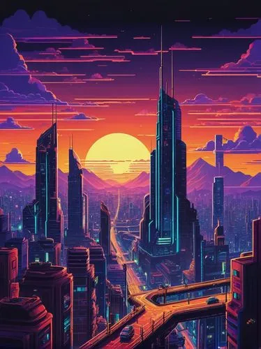 cityscape,futuristic landscape,metropolis,cyberpunk,fantasy city,city skyline,skyline,colorful city,dusk,tokyo city,dusk background,would a background,skyscrapers,retro background,evening city,futuristic,80s,sky city,city,vast,Art,Artistic Painting,Artistic Painting 50