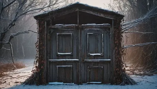 Abandoned, decaying, old, wooden, winter, hangar, rusty, metal, door, creepers, vines, snowflakes, gently, falling, frost, misty, morning, dim, soft, warm, lighting, 3/4 composition, atmospheric persp