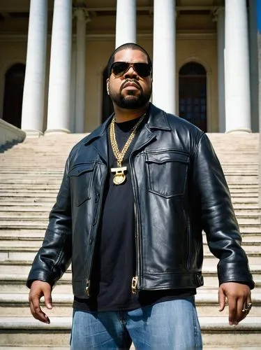 Ice Cube, rapper, 50yo, serious facial expression, shaved head, thick beard, gold chain, black leather jacket, white tank top, baggy jeans, sneakers, standing, university campus, Los Angeles, modern b