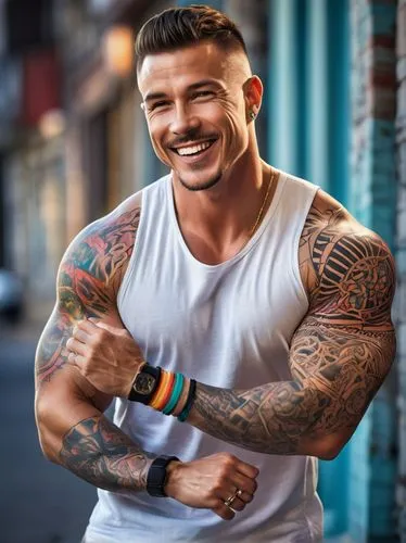 Muscular man, hand bone tattoo, detailed sleeve, intricate design, bold black lines, vibrant colors, 3/4 composition, dramatic lighting, dark background, shallow depth of field, intense gaze, strong f