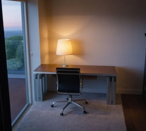 a desk with a lamp on it in a bedroom,writing desk,furnished office,bureau,desk,consulting room,modern office,office desk,appartment,director desk,computable,wooden desk,office chair,smartsuite,home o