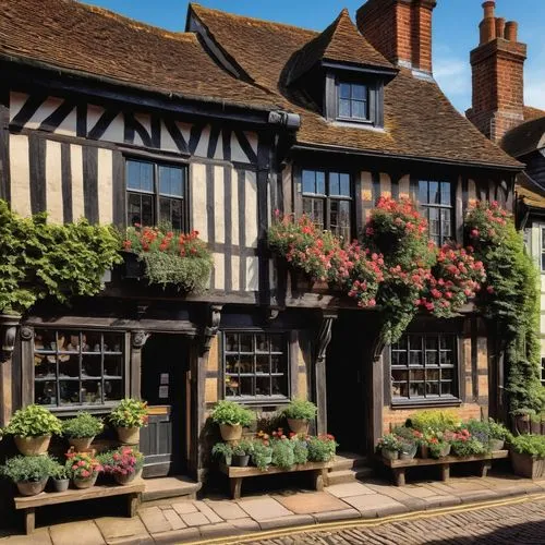 ightham,canterbury,ledbury,chilham,hertford,timber framed building,lavenham,chequers,jacobean,goudhurst,burford,townscapes,shrewsbury,ticehurst,melbury,tichborne,ludlow,shaftesbury,dunster,leycester,Art,Artistic Painting,Artistic Painting 22