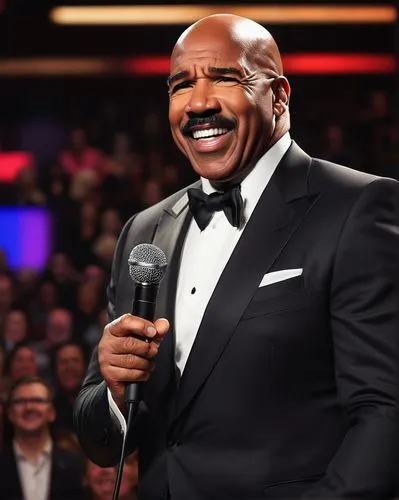 Steve Harvey, TV host, middle-aged man, black suit, white shirt, black tie, glasses, smiling face, charismatic expression, confident posture, standing microphone, American flag background, studio ligh