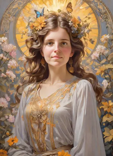 portrait of a girl with brown hair in the painting style of Alphonse Mucha, art nouveau decor, starry night, blooming garden, flowers, butterflies.,mucha,baroque angel,fantasy portrait,vanessa (butter