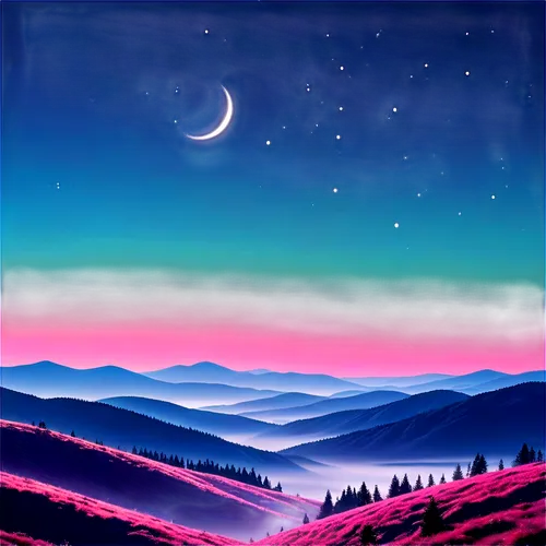 purple landscape,landscape background,lunar landscape,moon and star background,mountain landscape,dusk background,moonscape,pink dawn,desert landscape,crescent moon,night scene,mountainous landscape,dusk,mountain scene,mountain sunrise,moonrise,night sky,hanging moon,valley of the moon,high landscape,Conceptual Art,Sci-Fi,Sci-Fi 04