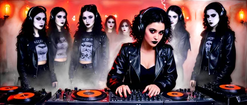 Spooky DJ, Halloween party, solo, (25yo), Gothic makeup, black lipstick, curly black hair, bat wing earrings, black leather jacket, red eyes, headphones, mixing console, vinyl records, dim lighting, f