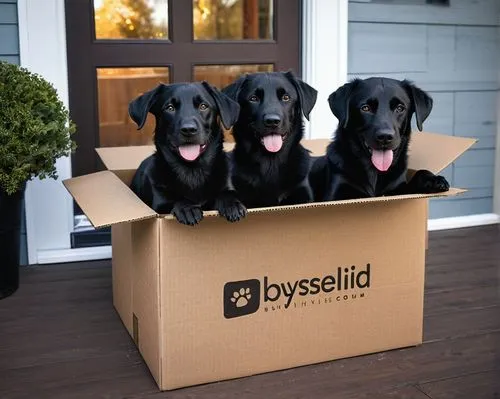 Whimsical pair of black dogs emerges from a new cardboard box, a clear 'BuySellBid.com' logo written on the box, as if it's been hibernating within the packaging, surrounded by a wooden porch,shipping