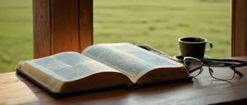 Bible study scene, cozy atmosphere, warm lighting, wooden desk, leather-bound Bible, open book pages, reading glasses, simple yet elegant hairstyle, gentle facial expression, soft focus, shallow depth