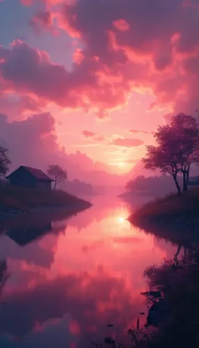 the sky is filled with a bright pink sunset over a quiet river,pink dawn,vesperia,purple landscape,fantasy landscape,japan landscape,auriongold