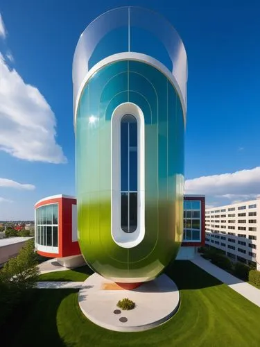 A beautiful commercial building in a properly landscaped busy urban neighborhood with beautiful skies
,phototherapeutics,ornl,genzyme,oru,googleplex,macewan,umkc,oticon,uoit,ocu,futuristic architectur