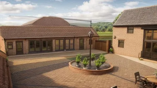 a photo-realistic scene of a  Converted Brick and Pantile Agricultural  buildings with glazed timber and glass openings. Frames to be in a dark timber colour  Accentuate the bricks and pantile roof ti