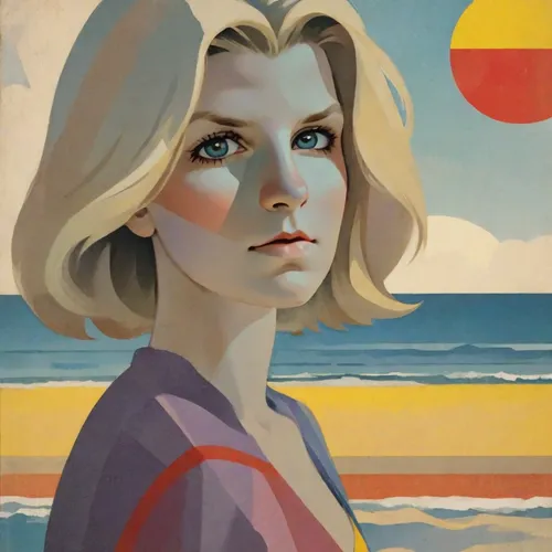 Portrait of a woman on the sea beach against the backdrop of the sea. The weather is sunny.,bondi,1971,girl on the dune,italian poster,popart,1967,60s,blonde woman,the beach pearl,1973,retro woman,tra