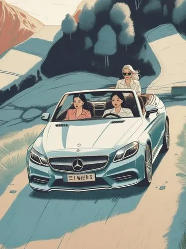 Line drawing of three human females in a Mercedes Benz.,some people are riding in a car and they are driving along,mercedes sl,mercedescup,convertibles,type mercedes n2 convertible,convertible,cabrio,