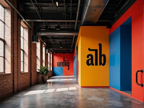 Vibrant primary colors, high-contrast typography, bold black outlines, geometric shapes, minimalist compositions, functionalist architecture, industrial materials, exposed brick walls, steel beams, co