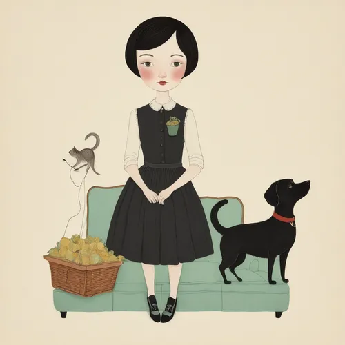 girl with dog,rat terrier,english toy terrier,dog illustration,toy fox terrier,toy manchester terrier,sewing pattern girls,pet black,vintage girl,book illustration,vintage illustration,old english terrier,the french bulldog,flapper,kennel club,pet portrait,girl with bread-and-butter,boston terrier,jack russell,kids illustration,Illustration,Abstract Fantasy,Abstract Fantasy 05