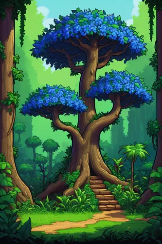 mushroom landscape,cartoon forest,druid grove,tree mushroom,flourishing tree,mushroom island,fairy forest,tree grove,forest tree,cartoon video game background,elven forest,rainforest,tree top path,a tree,tree top,forest background,tree tops,forests,trees,the forests,Illustration,Retro,Retro 23