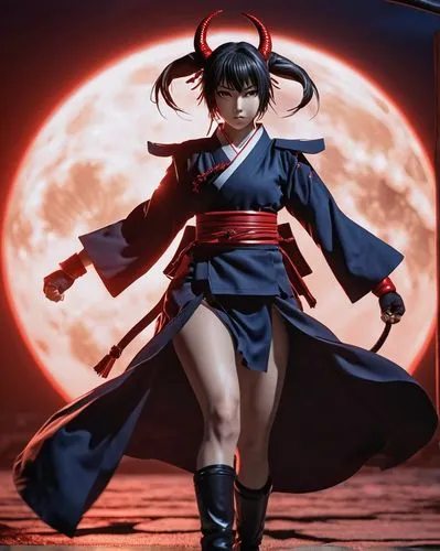 fighting anime character,japanese style,girl,satan,dark,moonlight,a woman in a japanese costume with horns and huge horns,xiaoyu,hoketsu,izanami,kazumi,kurenai,oboro,Photography,General,Realistic