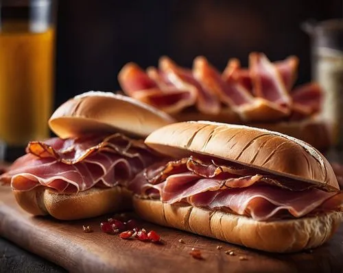  Traditional Spanish Bocadillos with Iberico Jamon,two sandwiches are sitting on a wooden tray,salumi,mortadella,pastrano,jambon,food photography,garrison,Photography,General,Cinematic