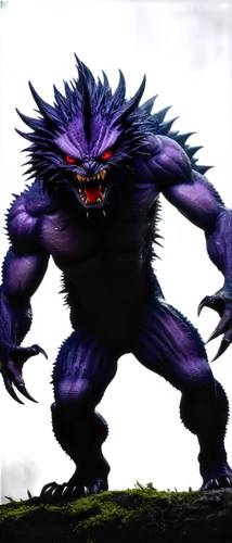 Monster, creature, roar, open mouth, sharp teeth, glowing red eyes, scaly skin, spiky back, claws, muscular legs, dark purple body, misty atmosphere, eerie lighting, shallow depth of field, cinematic 