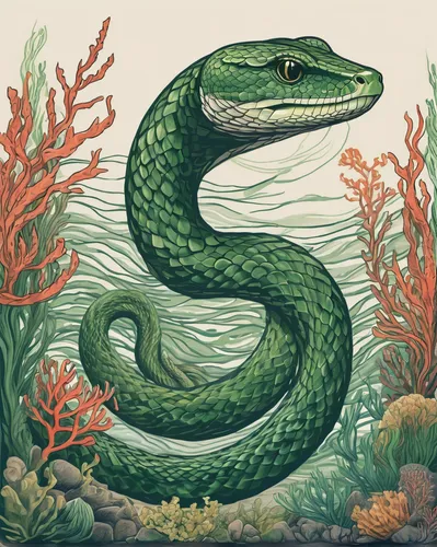 Imagine a Slytherin logo set underwater, portraying a snake swimming gracefully amidst coral and seaweed.,water snake,sea snake,green snake,river monitor,garter snake,plain bellied watersnake,woodland