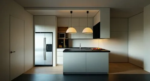 cocina estilo italiana con acabados de lujo, encimera de cuarzo negro,a small kitchen has two hanging lamps on the cabinet,modern kitchen interior,modern minimalist kitchen,kitchen design,gaggenau,mod