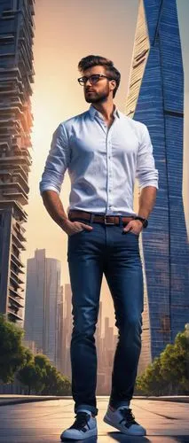 Modern architect, standing, confident pose, blueprints in hand, glasses, messy brown hair, casual white shirt, dark blue jeans, black sneakers, holding a model of a futuristic skyscraper, cityscape ba