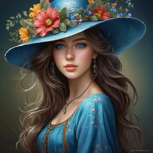 beautiful bonnet,flower hat,the hat of the woman,boho art style,girl wearing hat,the hat-female,Conceptual Art,Fantasy,Fantasy 16