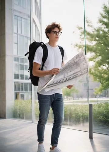 Male student, architecture major, 20s, messy brown hair, black framed glasses, casual wear, jeans, white T-shirt, sneakers, backpack, holding a large roll of architectural drawings, standing in front 