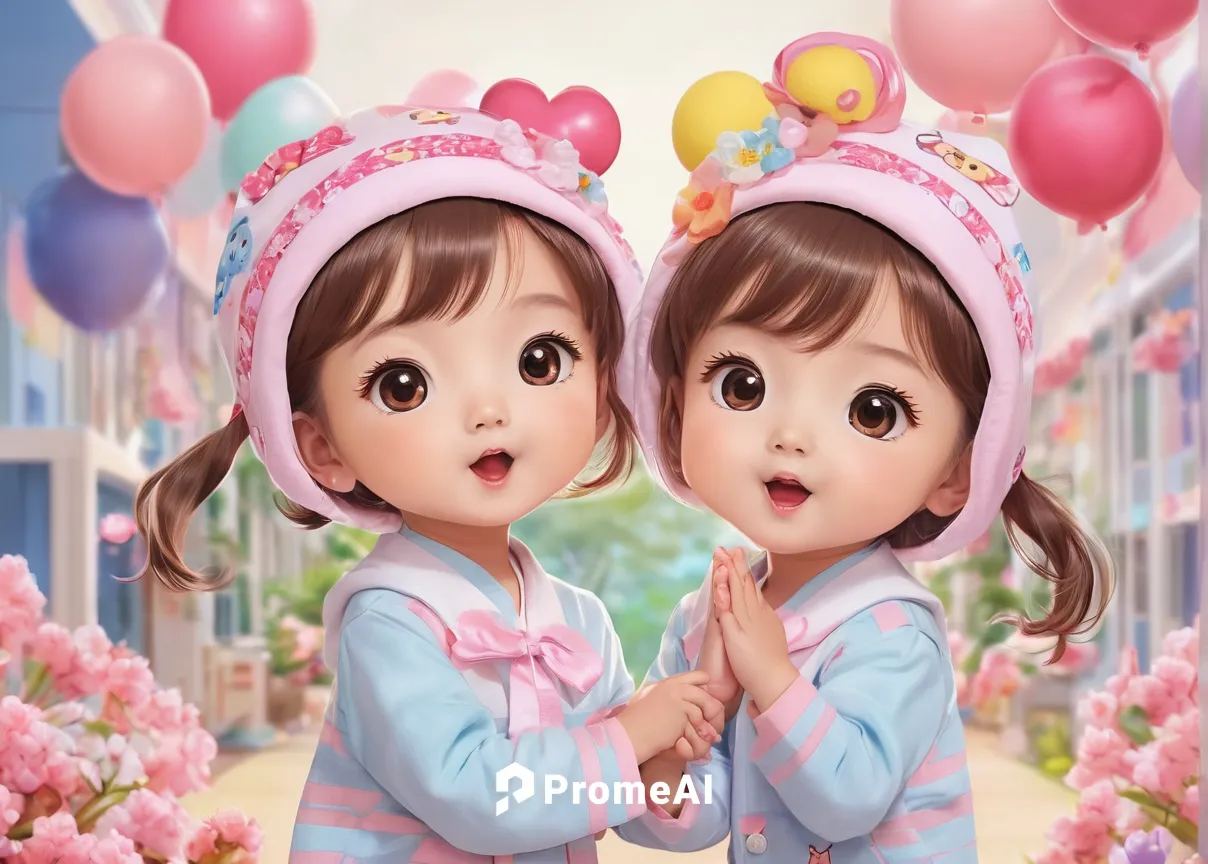 Create a thrilling mystery surrounding the disappearance of the Mikton twins.,pink balloons,cute cartoon image,little girls,doll's festival,children's background,little girl with balloons,cute cartoon