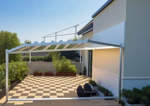 Create an aluminium louvered pergola on this terrace which is size 15'x15' .,a white brick building has a black checkered floor,pergola,carports,folding roof,carport,awnings,landscape designers sydney