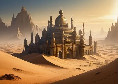 theed,agrabah,barsoom,tatooine,semidesert,arrakis,stone desert,sand castle,dune,deserto,capture desert,desert landscape,dune landscape,desert desert landscape,the desert,dune sea,arabic background,ancient city,imperialis,gallifrey,Illustration,Paper based,Paper Based 29