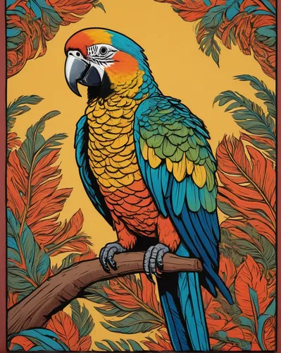 Create an elegant parrot drawing with intricate feathers and a vibrant backdrop.,guacamaya,sun parakeet,scarlet macaw,tropical bird,macaw,bird painting,blue and gold macaw,toco toucan,tropical bird cl