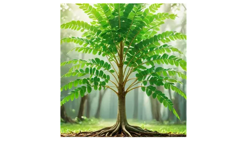 FPNG tree, tropical, vibrant green leaves, curved branches, thick trunk, exposed roots, morning dew, soft sunlight filtering through leaves, 3/4 composition, shallow depth of field, warm color tone, c