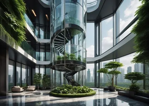 arcology,futuristic architecture,futuristic landscape,sky space concept,atriums,titanum,sky apartment,skybridge,biospheres,ecotopia,skywalks,futuristic art museum,delamar,skyways,biophilia,penthouses,biopiracy,modern office,houseplant,atrium,Illustration,Japanese style,Japanese Style 11