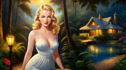 Romantic masterpiece oil painting, cute girl portrait, nostalgic 1950's style kitsch, vibrant rainforest landscape, lush tropical jungle paradise, summer beach vacation seaside cottage scenery, by Tho