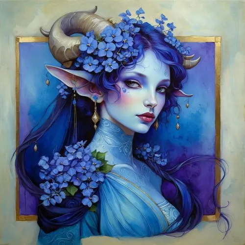 blue-skin lady with a wide-cow-like nose and horns with violets and peaceful gentle expression,a painting with a woman with blue hair holding a bouquet,fantasy portrait,kommuna,violet head elf,the zod