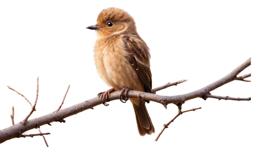 Small bird, tweet sound, brown feathers, tiny beak, round eyes, fluffy wings, perched on branch, morning sunlight, soft focus, warm color tone, shallow depth of field, 3/4 composition, gentle posture,