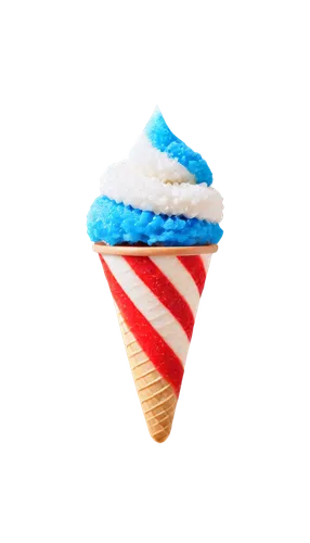 Red white and blue snow cone, colorful ice cream, triangular shape, rounded top, crunchy cone, red stripes, white swirls, blue drizzles, summer treats, close-up shot, shallow depth of field, warm ligh