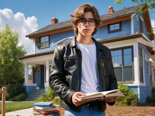 High school, construction trades, engineering, architecture, male student, 17yo, messy brown hair, casual glasses, black leather jacket, white T-shirt, ripped jeans, sneakers, backpack full of books, 