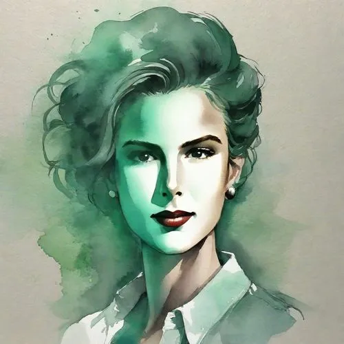 maureen o'hara - female,pompadour,bouffant,watercolor pin up,art deco woman,watercolor paint,marie leaf,katherine hepburn,menta,watercolor,fashion illustration,watercolor painting,green and white,emerald,woman portrait,digital painting,girl-in-pop-art,audrey,photo painting,painting,Digital Art,Watercolor