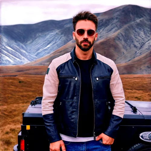 Land Rover, photography, male driver, rugged beard, sunglasses, messy hair, casual wear, leather jacket, holding camera, standing near vehicle, scenic background, mountainous terrain, cloudy sky, warm