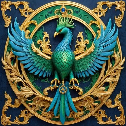 coat of arms of bird,blue and gold macaw,peacock,ornamental bird,an ornamental bird,heraldic,national emblem,heraldic animal,garuda,heraldic shield,emblem,quetzal,blue peacock,gryphon,heraldry,blue parrot,perico,blue macaw,caduceus,basilisk,Conceptual Art,Fantasy,Fantasy 22