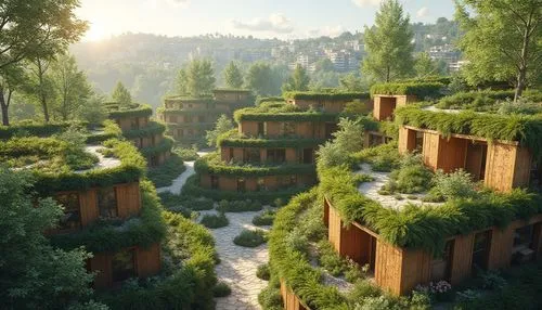 ecotopia,ecovillages,ecovillage,microhabitats,render,terraformed,treehouses,ravines,green garden,streamwood,greenspaces,3d rendering,mountain settlement,tulou,greenforest,riftwar,ancient city,landscaped,3d rendered,greenspace,Photography,General,Realistic